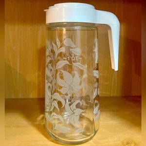 Tang White Honeysuckle Etched Floral Glass Decanter Pitcher Anchor & Hocking